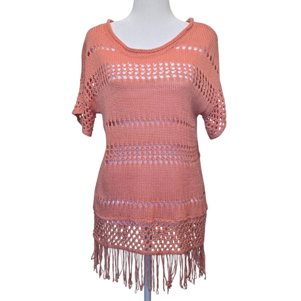 Fever Terracotta Shell Open Knit Crochet Top Small Boho Fringe Hem NWT